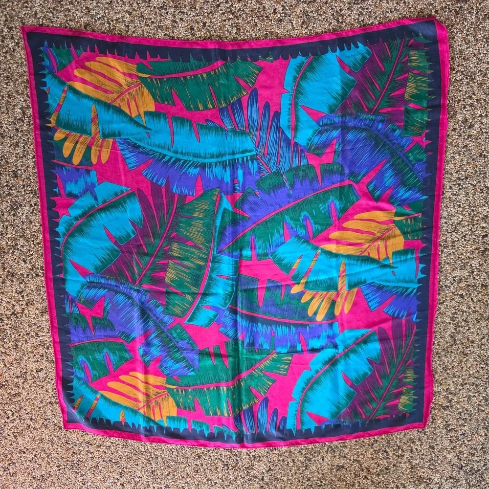 Liz Claiborne Vintage Tropical Palm Leaf Square Scarf Pink Teal Purple 30x31.5
